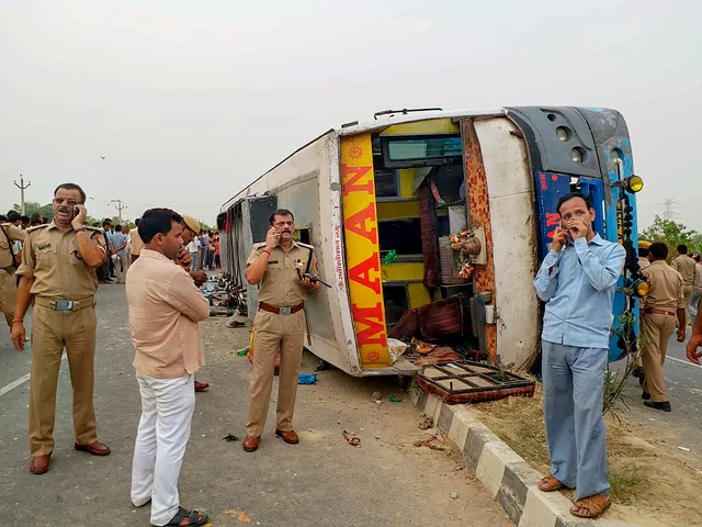 Police personnel conduct investigation at the site where an allegedly speeding bus overturned after hitting a road divider, 17 passengers were killed and 20 were injured in the accident in Mainpuri. Police personnel conduct investigation at the site where an allegedly speeding bus overturned after hitting a road divider, 17 passengers were killed and 20 were injured in the accident in Mainpuri.