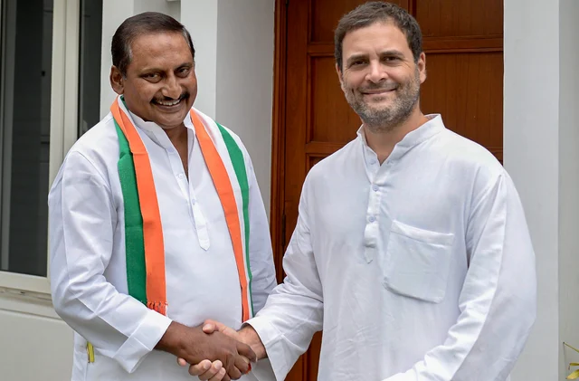 Congress President Rahul Gandhi welcomes former chief minister of united Andhra Pradesh N Kiran Kumar Reddy as he re-joins the party, in New Delhi. Reddy had left the Congress in 2014 in protest against the bifurcation of the state of Andhra Pradesh. Congress President Rahul Gandhi welcomes former chief minister of united Andhra Pradesh N Kiran Kumar Reddy as he re-joins the party, in New Delhi. Reddy had left the Congress in 2014 in protest against the bifurcation of the state of Andhra Pradesh. 