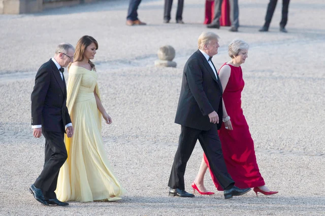 President Donald Trump, British Prime Minister Theresa May, front and first lady Melania Trump, and May’s husband Philip May, arrive at Blenheim Palace, in Blenheim west of London, England. President Donald Trump, British Prime Minister Theresa May, front and first lady Melania Trump, and May’s husband Philip May, arrive at Blenheim Palace, in Blenheim west of London, England.
