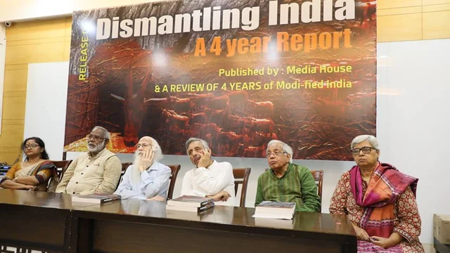 (From right to left) Social activist Shabnam Hashmi, former diplomat and senior write Ashok Bajpai, senior leader Mani Shankar Aiyar, economist Arun Kumar, human rights activists John Dayal and Leena Dabiru at the launch of the repor, ‘Dismantling India’