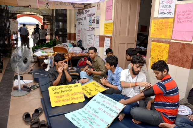 Medical students go on a hunger strike to press for their various demands at Medical College and Hospital, in Kolkata. Medical students go on a hunger strike to press for their various demands at Medical College and Hospital, in Kolkata.