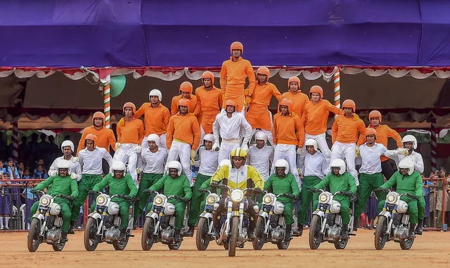 ‘Tornadoes’, the motorcycle display team of Army Service Corps, perform during a rehearsal for the 72nd Independence Day function, at the Parade Ground in Bengaluru. ‘Tornadoes’, the motorcycle display team of Army Service Corps, perform during a rehearsal for the 72nd Independence Day function, at the Parade Ground in Bengaluru.