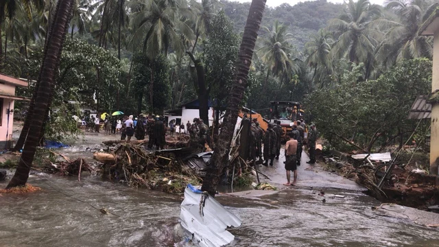 Security personnel carry out rescue operation in flood affected areas in Idukki, Kerala. Security personnel carry out rescue operation in flood affected areas in Idukki, Kerala.