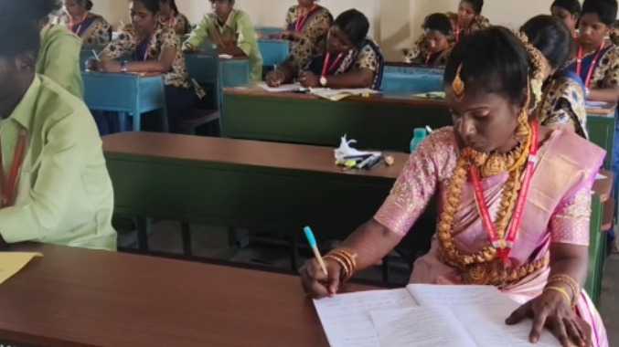 திருமணம் முடிந்த கையோடு தேர்வு எழுதிய பெண்கள்