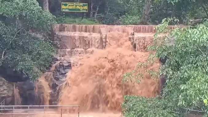 பெரியார் நீர்வீழ்ச்சியில் கடும் வெள்ளப்பெருக்கு