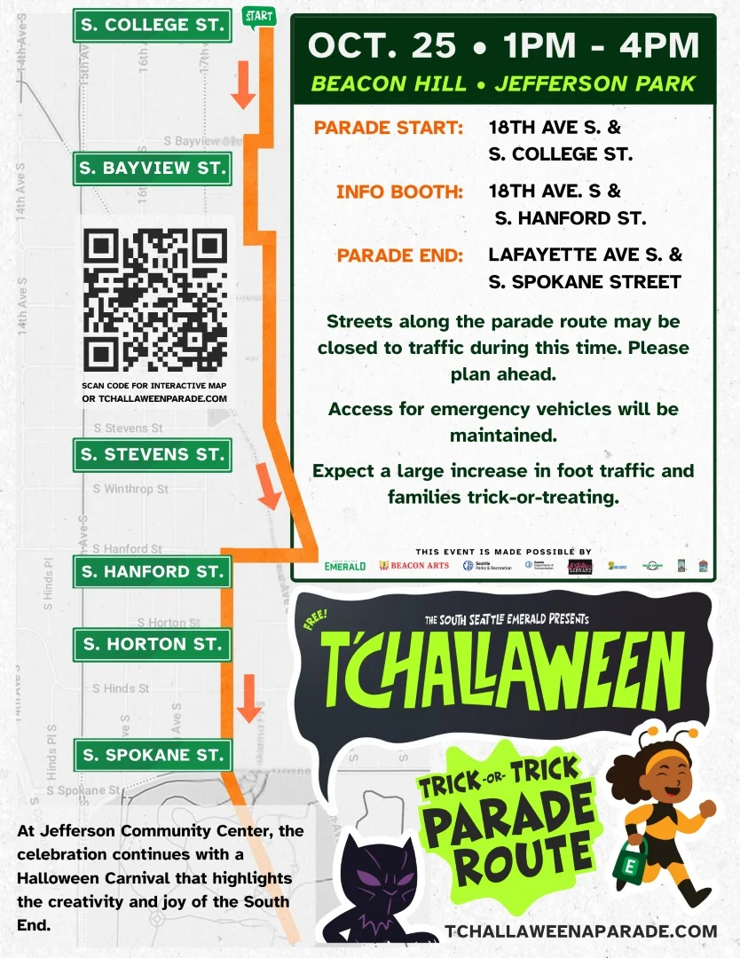 T'Challaween 2025 parade map from South Seattle Emerald showing the route along Beacon Hill ending at Jefferson Community Center.
