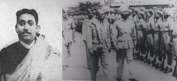(L) Rash Behari Bose. (R) An aged Rash Behari Bose inspects INA, which he handed over to Netaji.