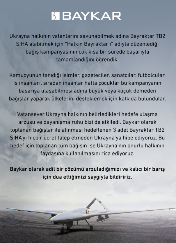 Baykar to Provide Three TB-2 Bayraktar Drones to Ukraine Free of Charge