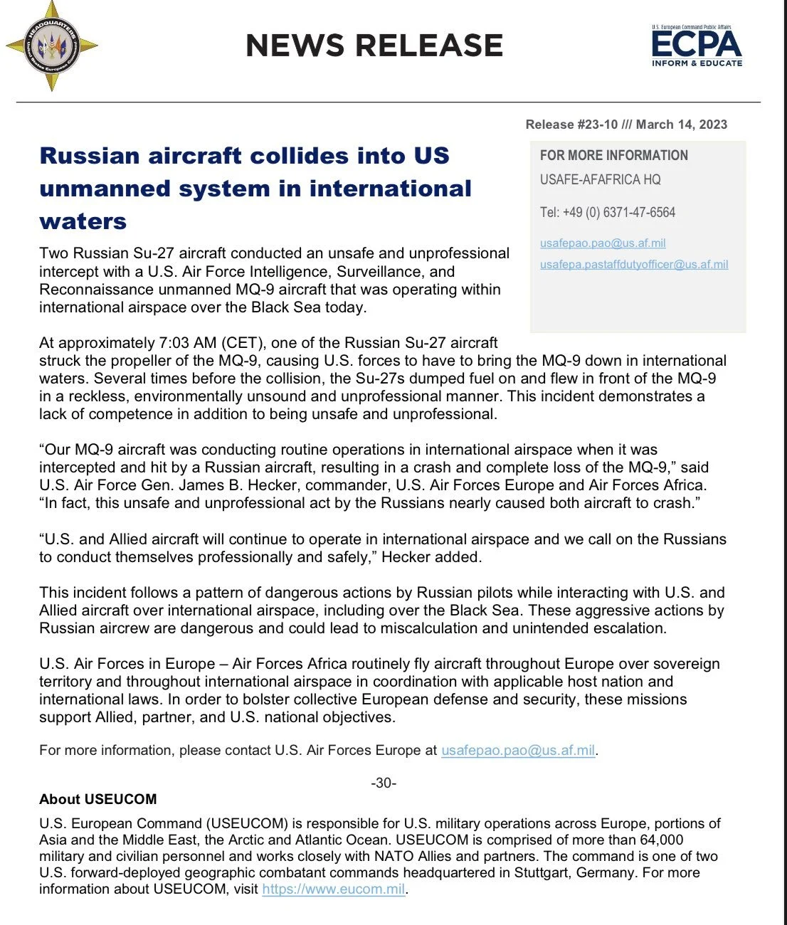 US European Command Releases Statement on Reported Reaper Drone Collision with Russian Fighter Over Black Sea