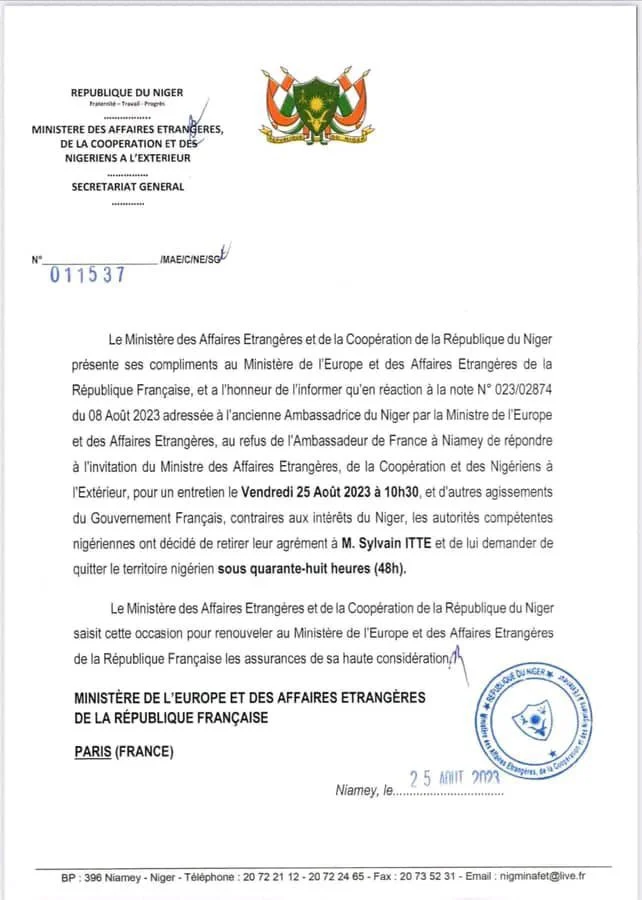 Niger Junta Reportedly Denies Reports of Foreign Ambassador Expulsions, Only Acknowledges France