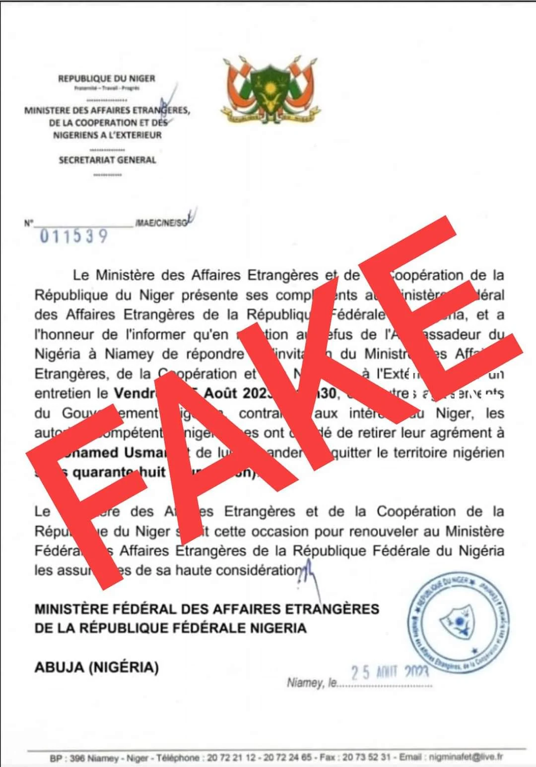 US, Germany say Niger Expulsion Letters are Fake