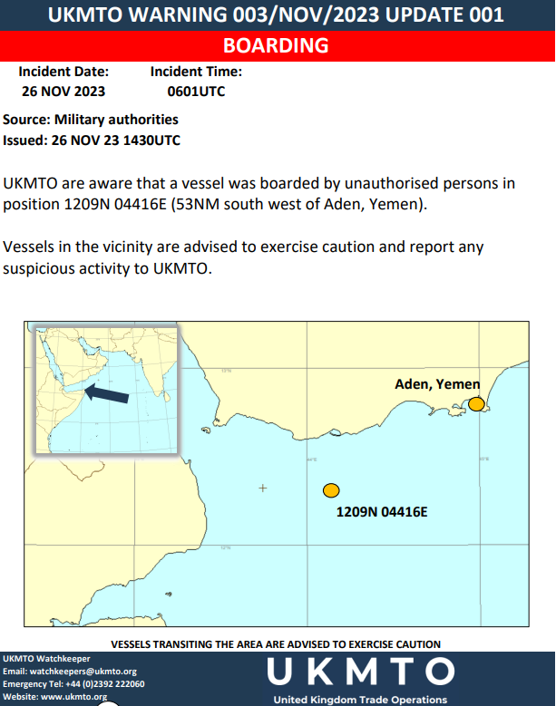UKMTO Confirms Vessel Hijacking Reported Off Yemen Coast