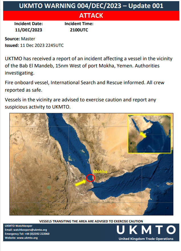UKMTO Reports Attack, Ship Fire in Red Sea