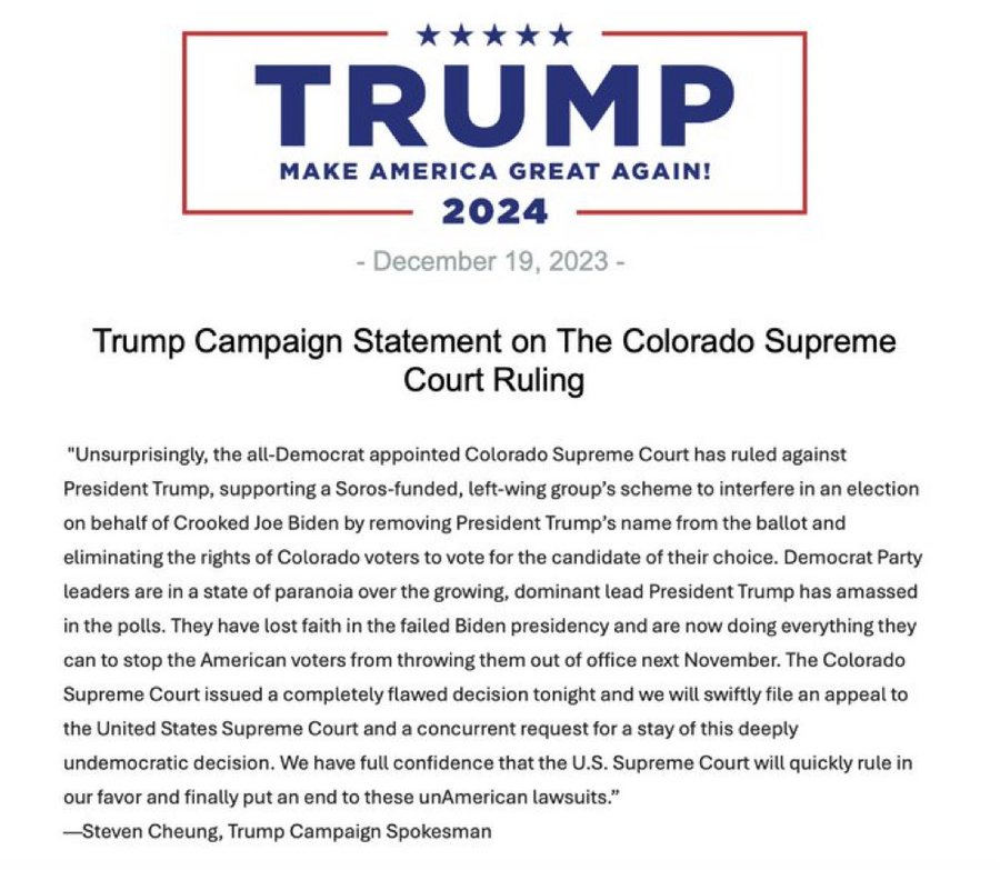 Trump Campaign Responds to 2024 Ballot Disqualification by Colorado Supreme Court