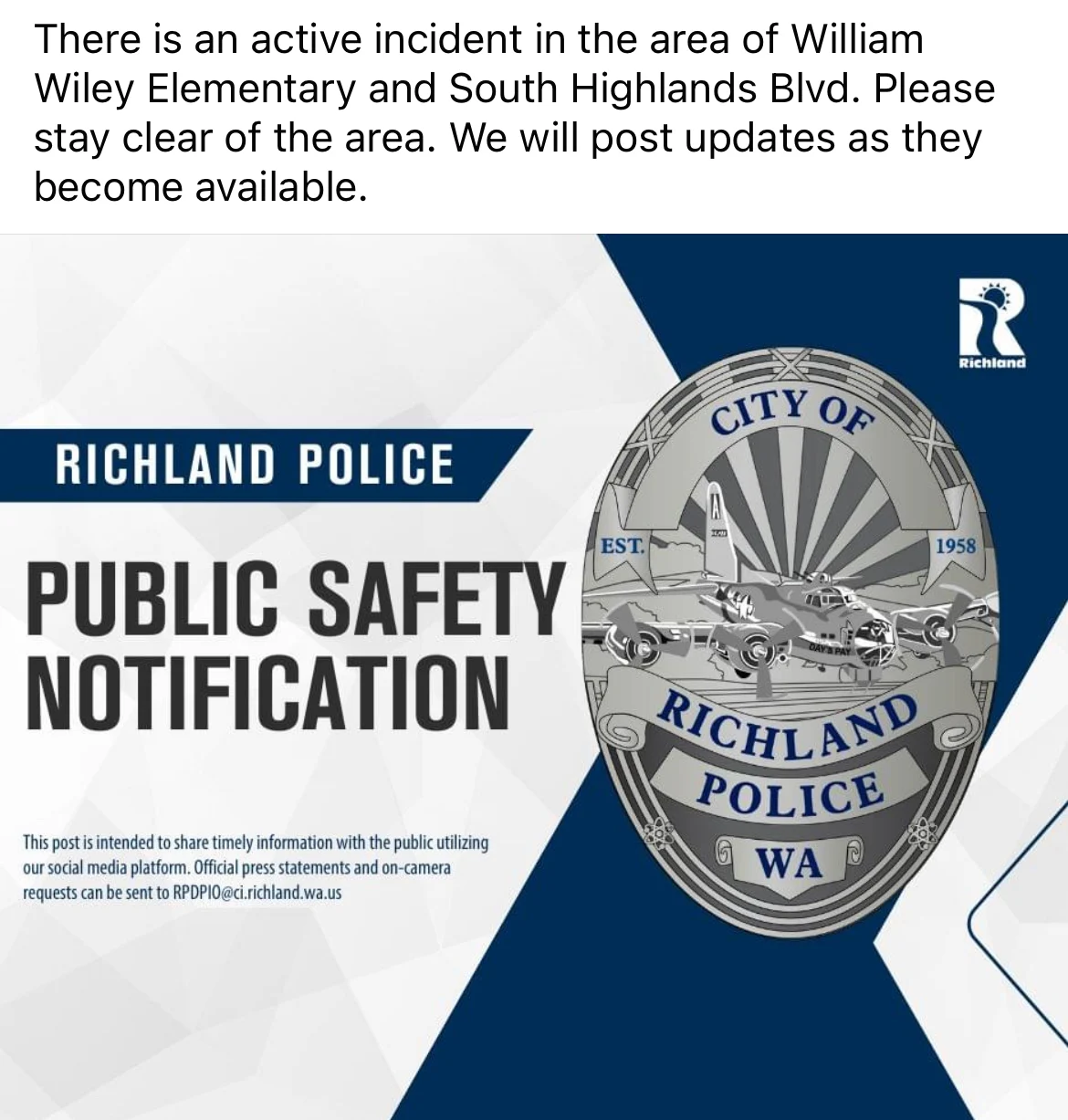 Incident Reported at William Wiley Elementary, Richland, WA