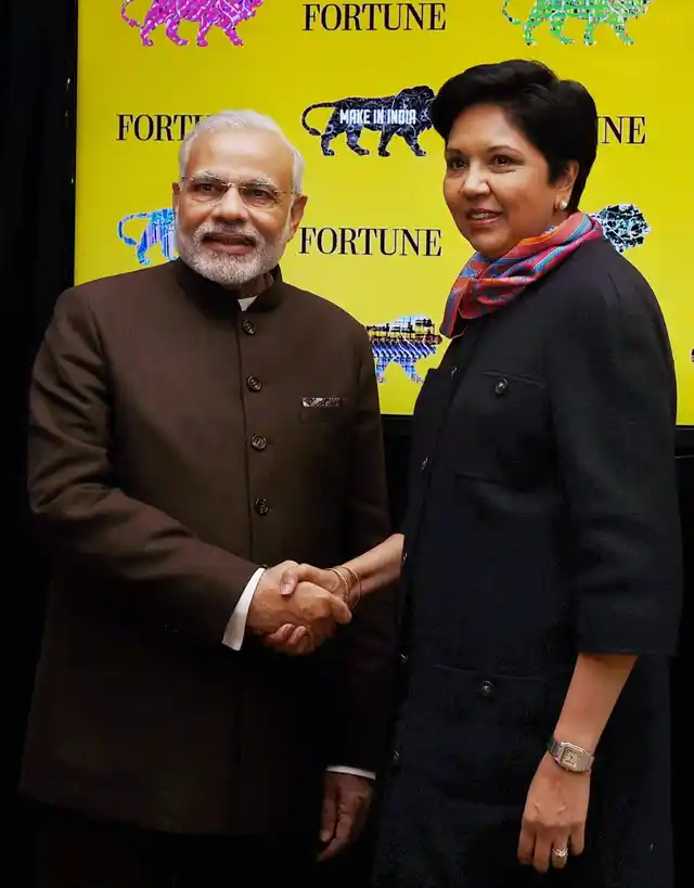 Prime Minister Narendra Modi shakes hand with PepsiCo Chairman and CEO Indra Nooyi during a meeting in New York on Thursday. (Photo: PTI)