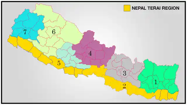Map of Nepal with Terai region marked out as Province 2 and 5