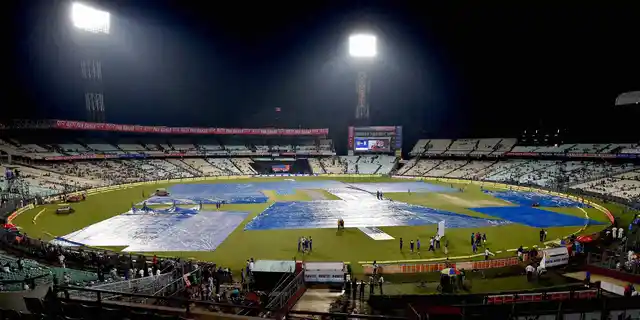 Covers put in place at Eden Garden as it rains before the start of 3rd T20 (Photo: PTI)