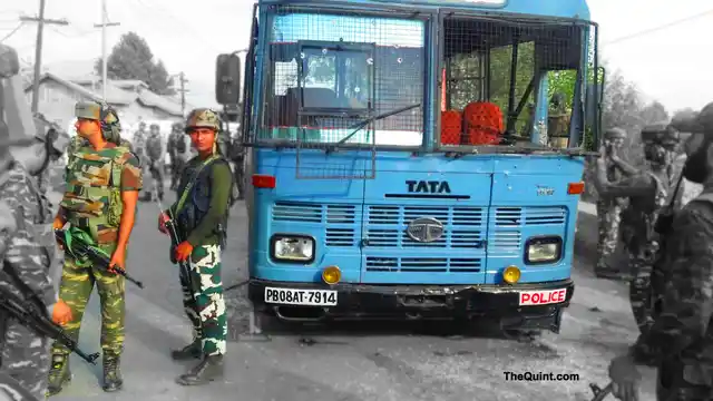 The CRPF bus that was attacked by militants in Pampore of Jammu and Kashmir on 25 June 2016. (Photo: IANS)