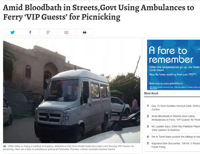 A shocking headline in the <i>Kashmir Observer</i>. (Photo: Screenshot/<a href="https://kashmirobserver.net/2016/local-news/amid-bloodbath-streetsgovt-using-ambulances-ferry-vip-guests-picnicking-8686"><i>Kashmir Observer</i></a>)