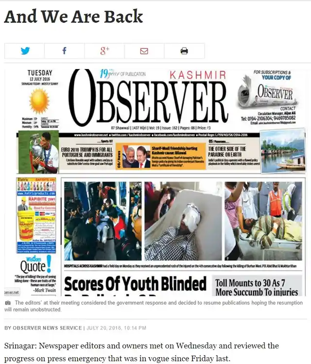 The <i>Kashmir Observer</i> announces its return. (Photo: Screenshot/<a href="https://kashmirobserver.net/2016/local-news/and-we-are-back-8684"><i>Kashmir Observer</i></a>)