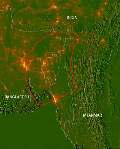 The red line is the area of the fault, an area of about 24,000 square miles, which could jerk in the event of an earthquake. An earthquake would likely start at the deep eastern end and grow to the west. (Photo Courtesy: Indiaspend/<a href="http://www.indiaspend.com/cover-story/india-bangladesh-and-myanmar-face-big-quake-threat-99557">Christopher Small and Michael Steckler</a>)