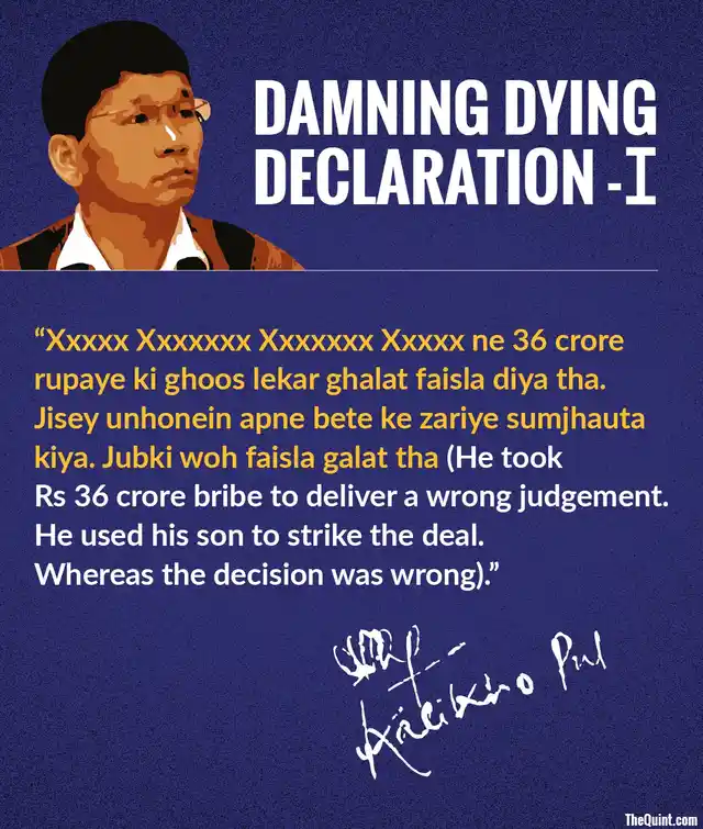Excerpts from Arunachal Pradesh’s late Chief Minister Kalikho Pul’s 60-page suicide note. (Infographic: Harsh Sahani/ <b>The Quint</b>)