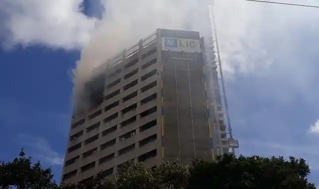 The LIC Jeevan Sudha building on fire.