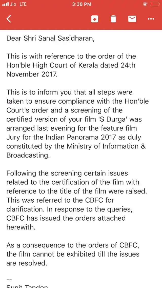 IFFI’s mail to filmmaker Sanal Kumar Sasidharan.