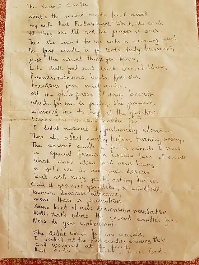 ‘The Second Candle’ - Nissim Ezekiel’s hand-written version, shared by his daughter Kavita on social media.