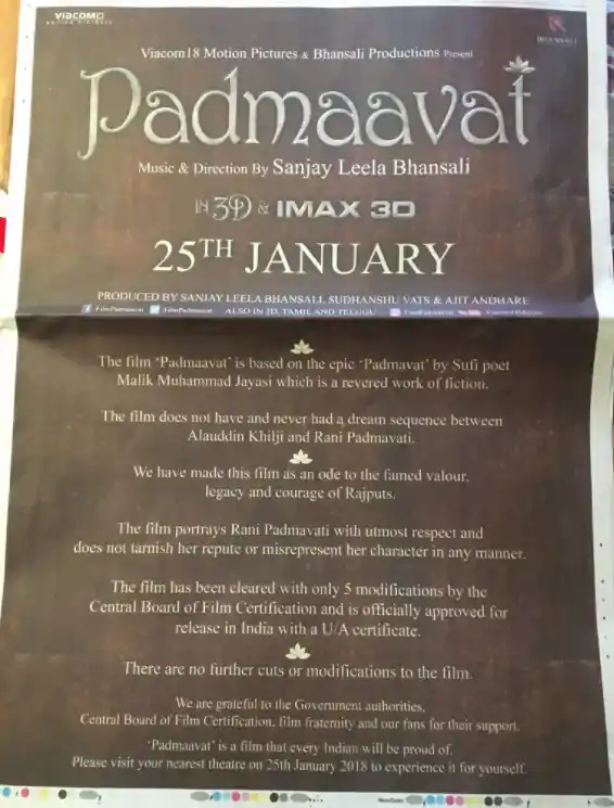 Ad in Monday’s <i>Mid-Day</i> citing ‘clarifications’ from the <i>Padmaavat</i> team.