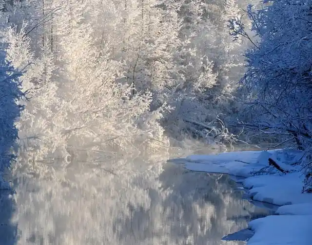 A layer of snow covers the water body.