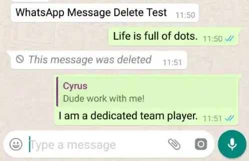 WhatsApp screenshot of the recipient showing the original deleted message, and the same text in a quote window with a reply “I am a dedicated team player”