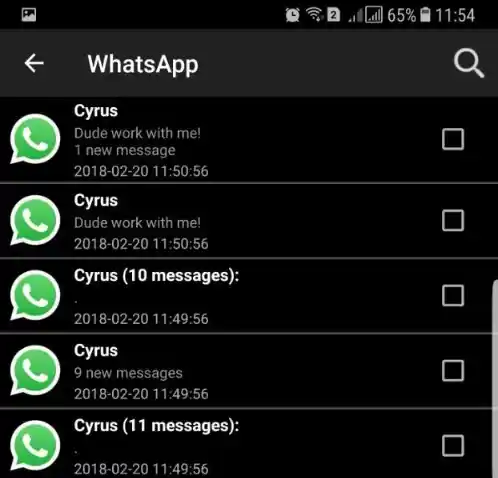 Notification History app showing the deleted WhatsApp text (first message)