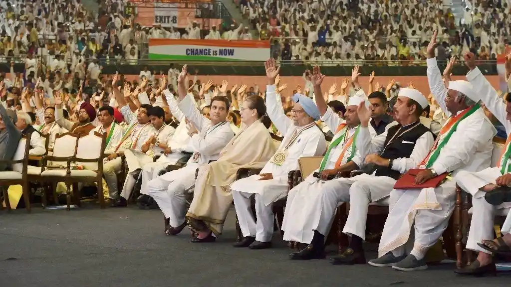 UPA chairperson Sonia Gandhi, Congress President Rahul Gandhi, former prime minister Manmohan Singh and other Congress leaders at the 84th Plenary Session of the Congress in New Delhi on Saturday, 17 March.