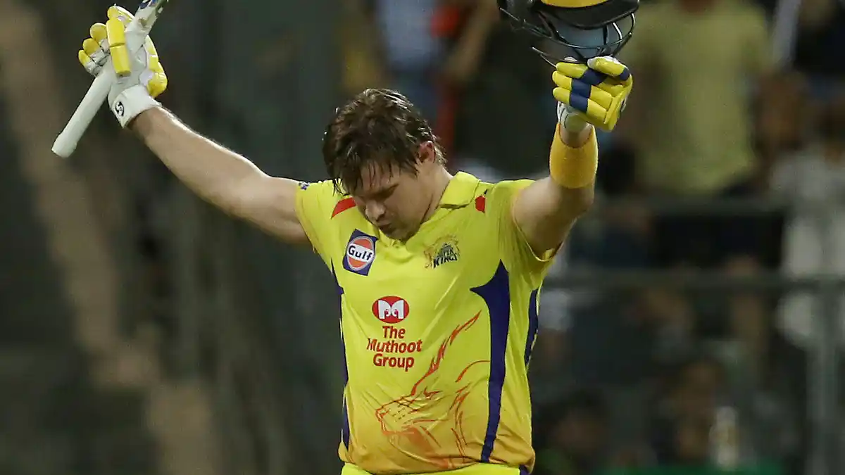 Shane Watson celebrates after scoring a century against Sunrisers Hyderabad.