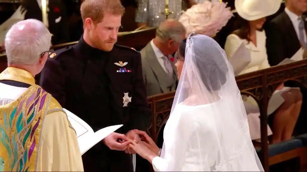 In this frame from video, Britain’s Prince Harry places a ring on Meghan Markle’s finger during their wedding ceremony at St. George’s Chapel in Windsor Castle in Windsor, near London, England, Saturday, 19 May, 2018.