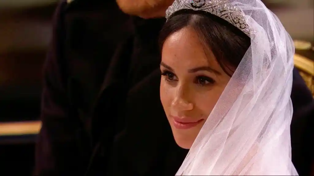 Meghan Markle listens during her wedding ceremony with Britain’s Prince Harry at St. George’s Chapel in Windsor Castle in Windsor, near London, England, Saturday, 19 May, 2018.