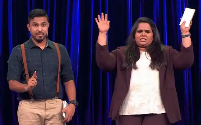 The hosts, Abish Mathew and Sumukhi Suresh.