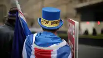 An anti-Brexit supporter Steve Bray from south Wales protests outside the Houses of Parliament in London.