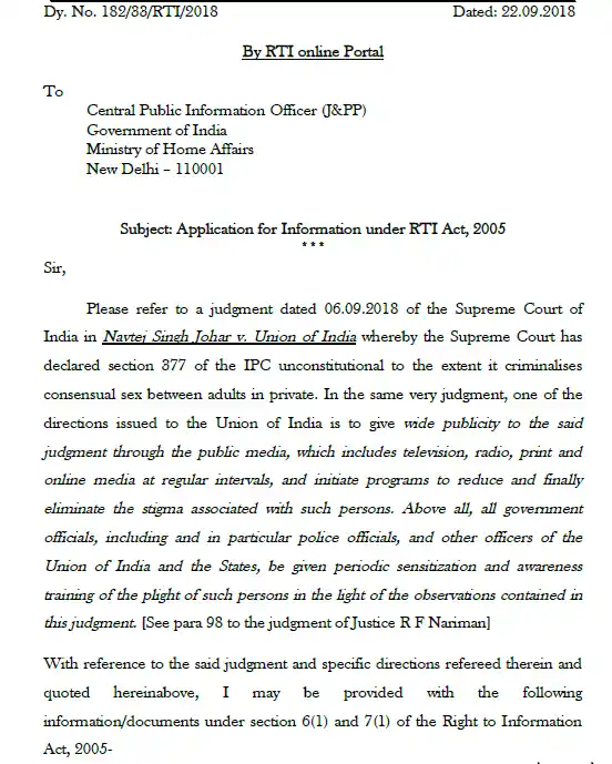 Image 1: Page 1 of RTI application filed by Paras Nath Singh September 22, 2018
