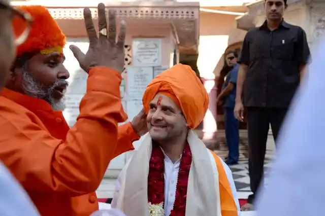 Congress President Rahul Gandhi at Jagatpita Brahma Mandir, Pushkar during an election campaign in Rajasthan on Monday, 26 November.