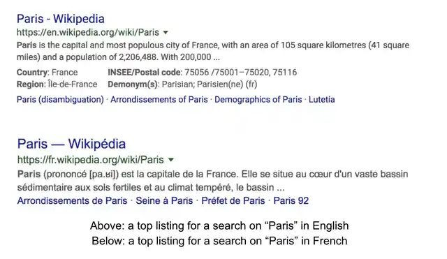 An example of the same search in different languages. English (above) and French (below).