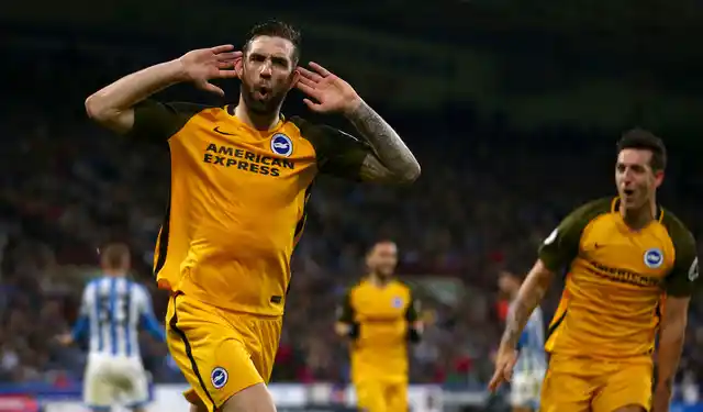 Brighton & Hove Albion’s Shane Duffy celebrates scoring his side’s first goal of the game during the English Premier League soccer match.