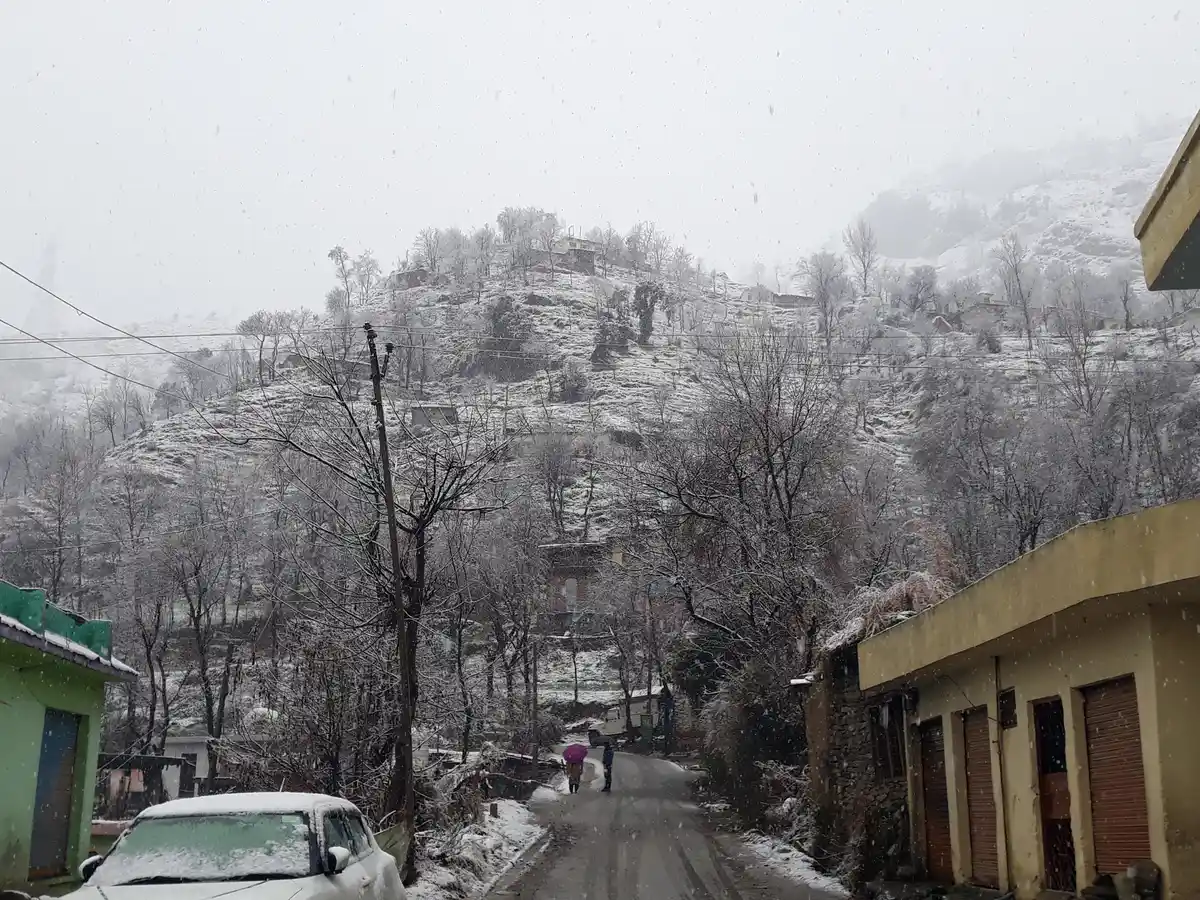 Hues of grey in Manali village covered by snow.