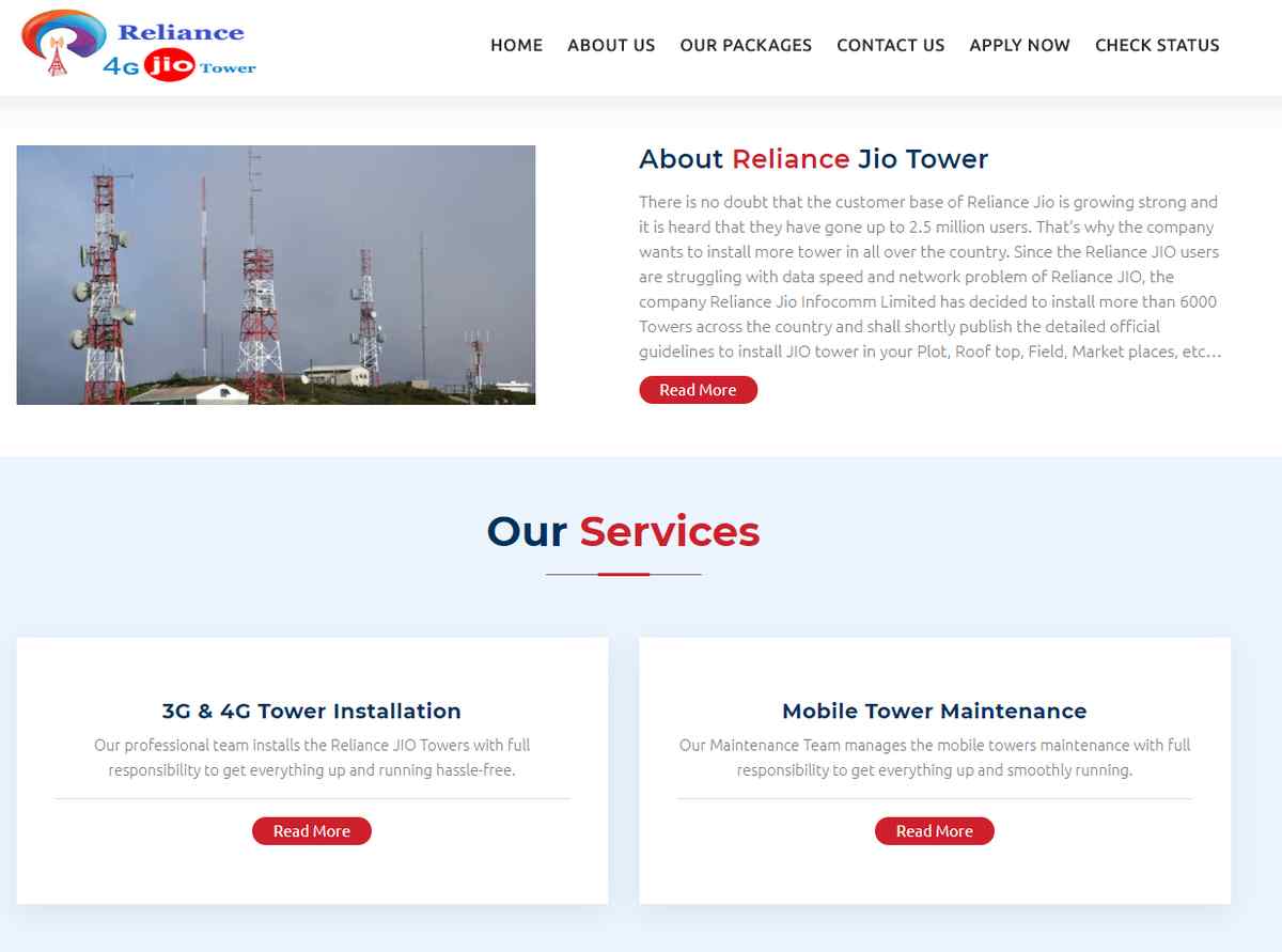 A screenshot of a hoax Jio tower <a href="http://jiotowerindia.in/">website</a>.