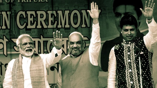 Prime Minister Narendra Modi with Bharatiya Janata Party (BJP) National President Amit Shah and Tripura Chief Minister Biplab Kumar Deb.