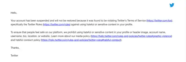 A screenshot of the email that Twitter sent SC advocate Sanjay Hegde telling him that it won’t restore his account. 