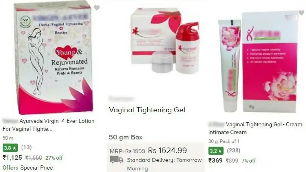 Screenshots of vaginal tightening creams available online.