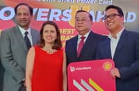 At the launch of the innovative credit card are (from left) UnionBank’s consumer business head Manoj Varma; UnionBank’s chief for customer experience Ana Maria Aboitiz-Delgado; UnionBank’s president Edwin Bautista and Shell Pilipinas’ general manager for mobility Randy del Valle.